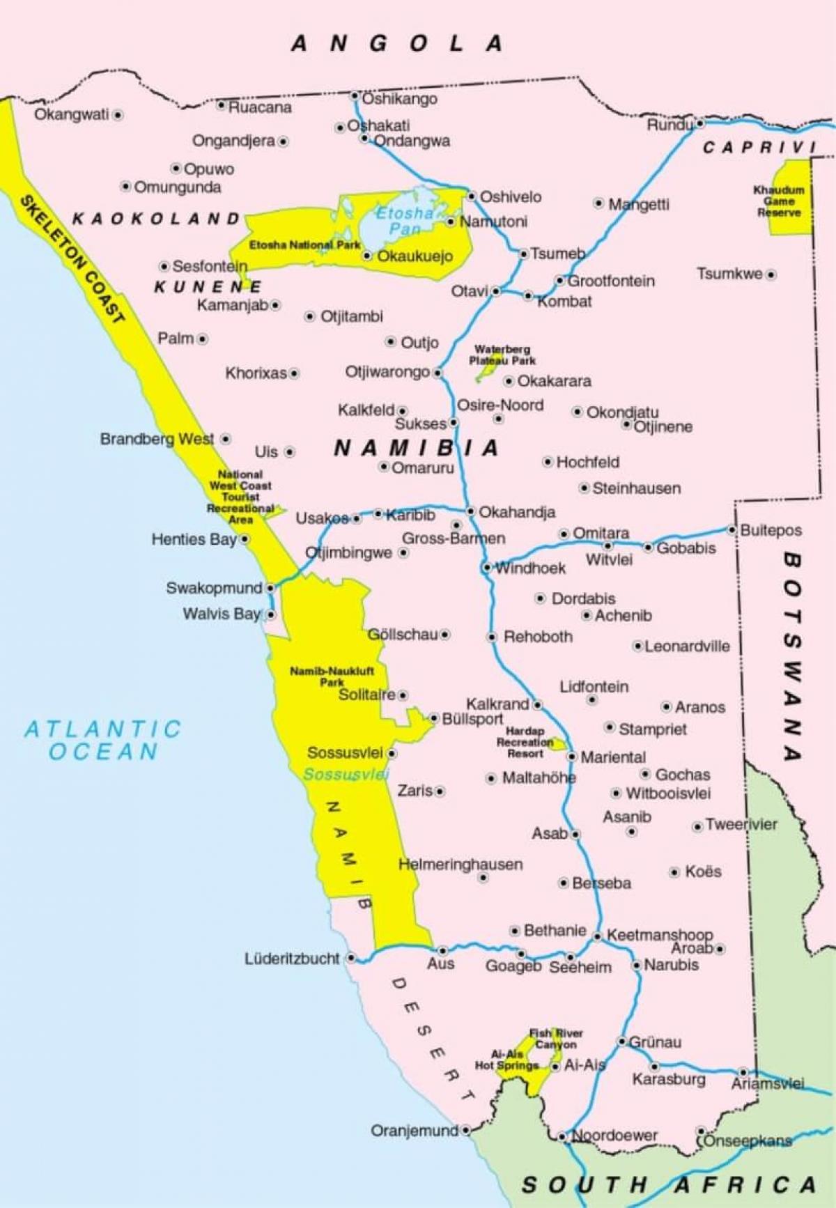 Mapa da Namíbia mostrando cidades