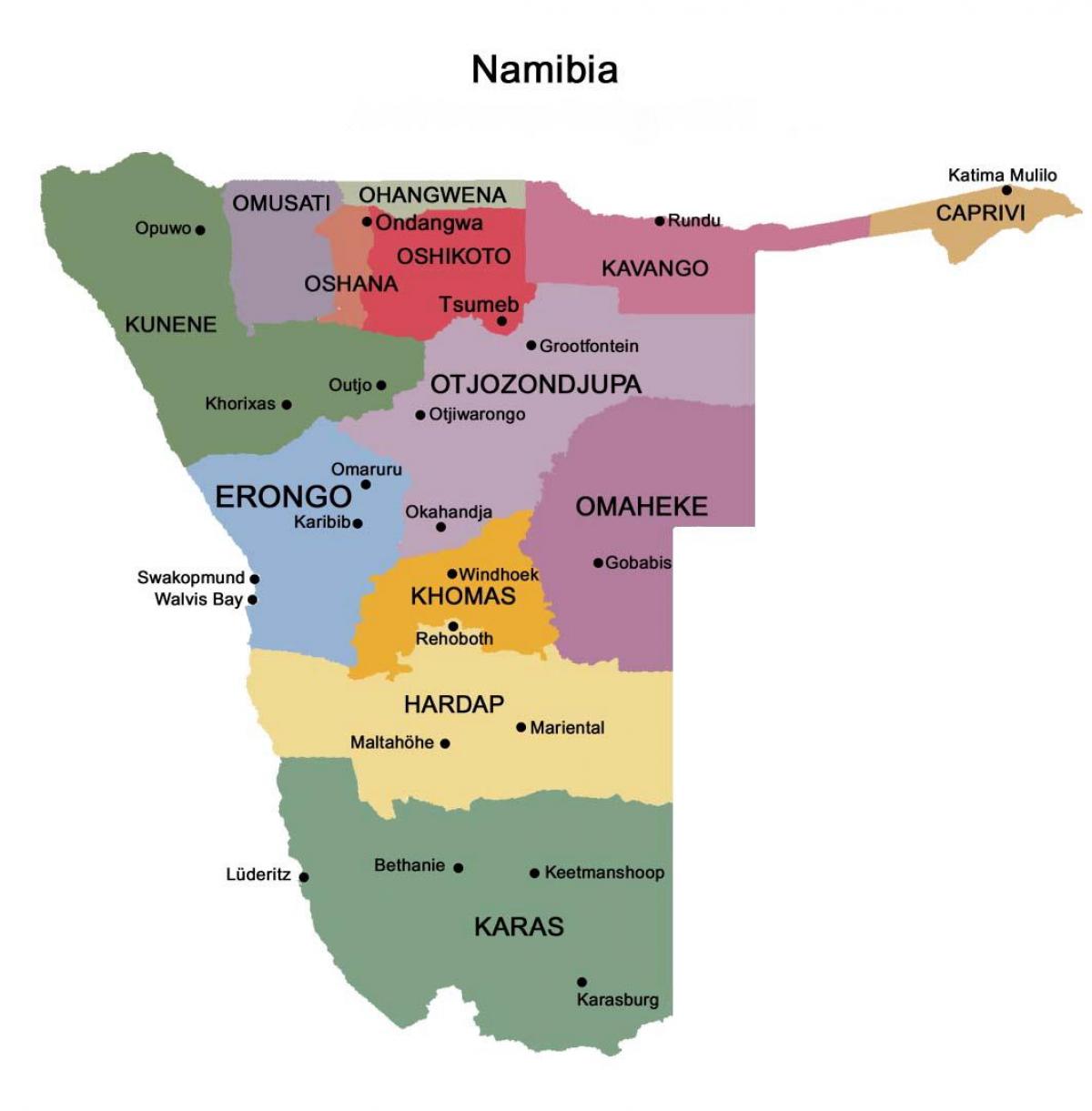 Mapa da Namíbia com regiões