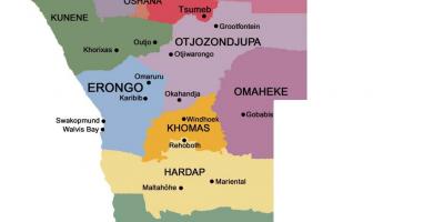 Mapa da Namíbia com regiões
